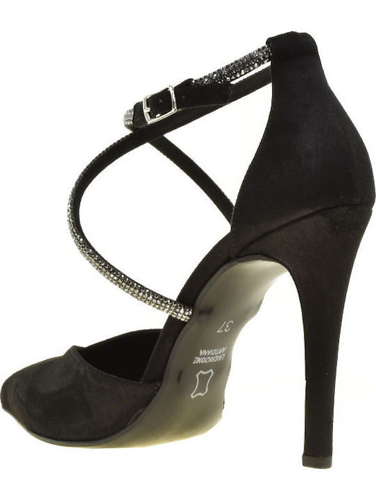 Suede Pointed Toe Black Heels with Strap