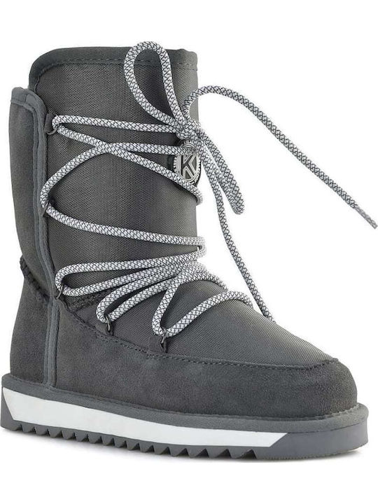 Leather Snow Boots with Laces & Fur Gray