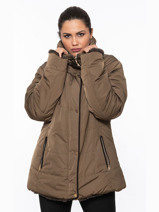 Korinas Fashion Women's Long Puffer Jacket Double Sided Waterproof for Winter with Detachable Hood Brown