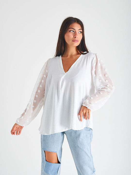 Beltipo Women's Blouse Long Sleeve with V Neckline White