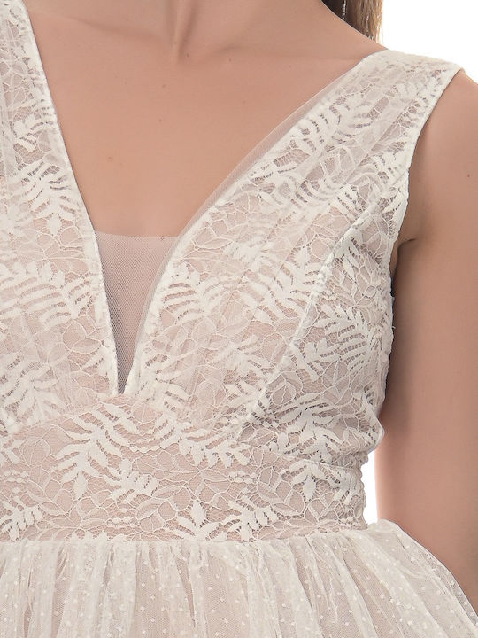 Farmaki Summer Midi Dress for Wedding / Baptism with Lace Beige