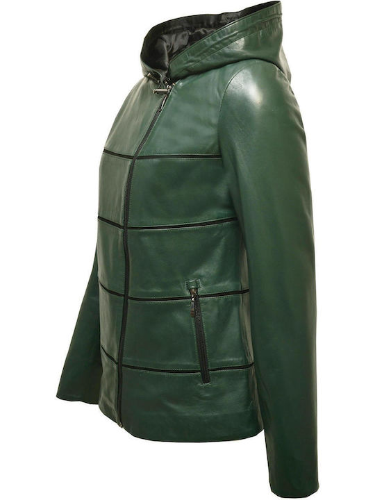 Dermatina 100 Women's Short Lifestyle Leather Jacket for Winter with Hood Green.