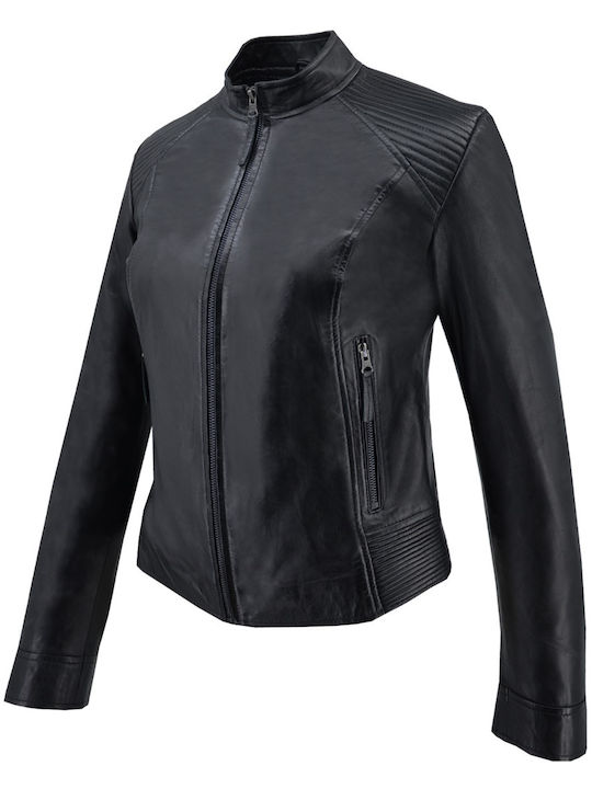 Δερμάτινα 100 Women's Short Biker Leather Jacket for Winter Black