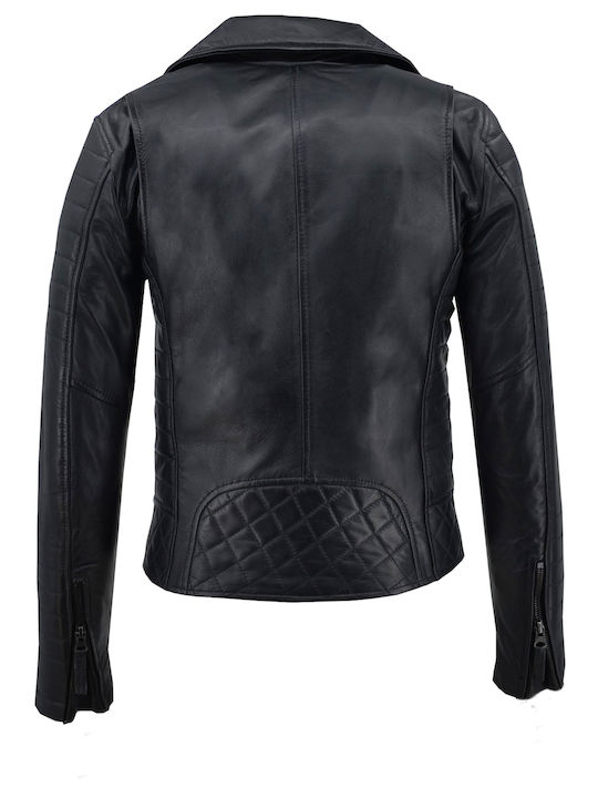 Women's Short Biker Leather Jacket for Winter Black