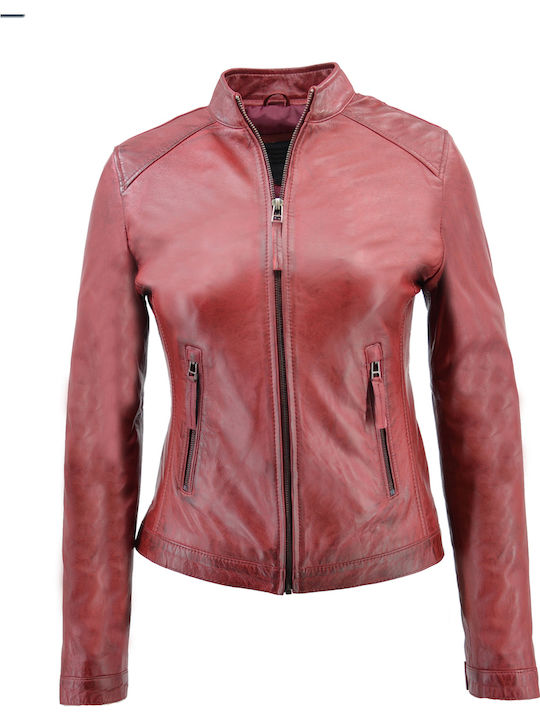 Women's Short Biker Leather Jacket for Winter Red