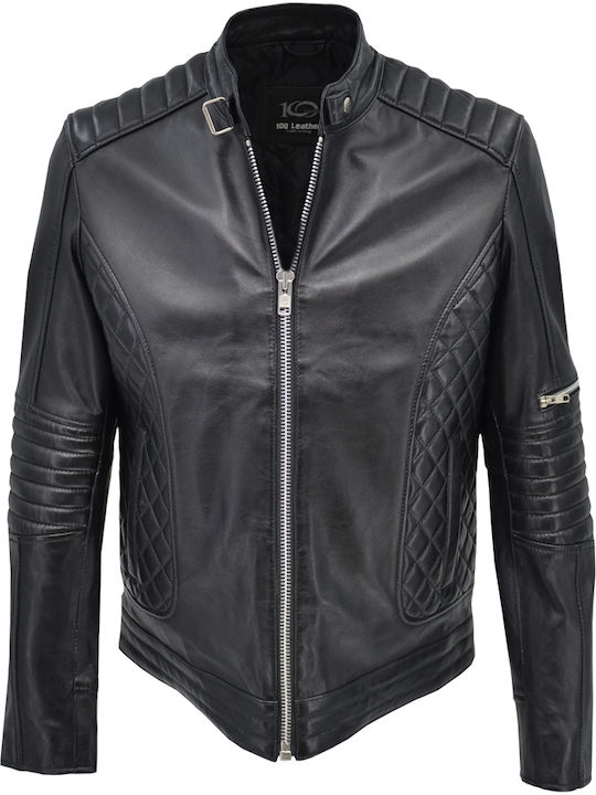 Δερμάτινα 100 Men's Winter Leather Biker Jacket Black