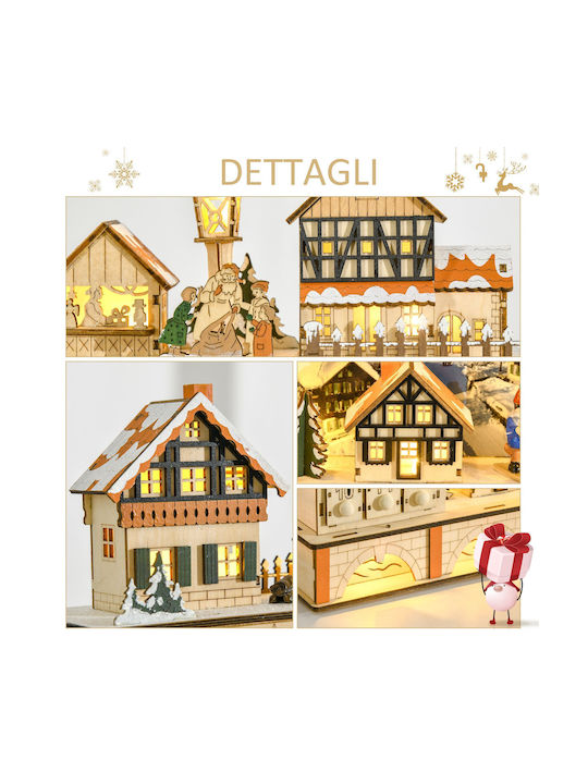HomCom Christmas Illuminated Decorative Wooden Village Brown with Battery 44x37x10cm.