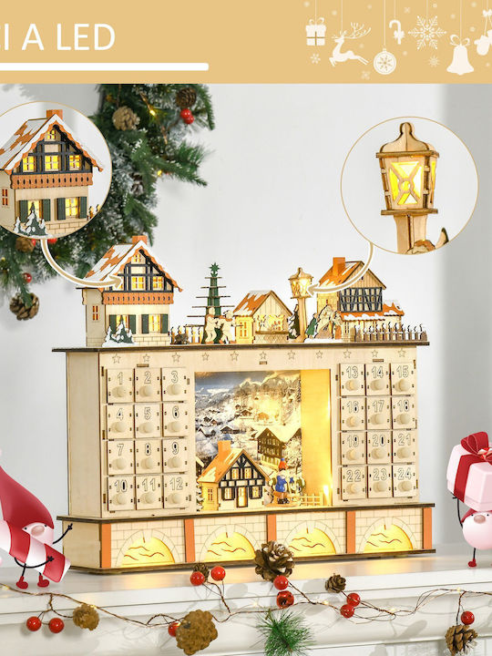 HomCom Christmas Illuminated Decorative Wooden Village Brown with Battery 44x37x10cm.