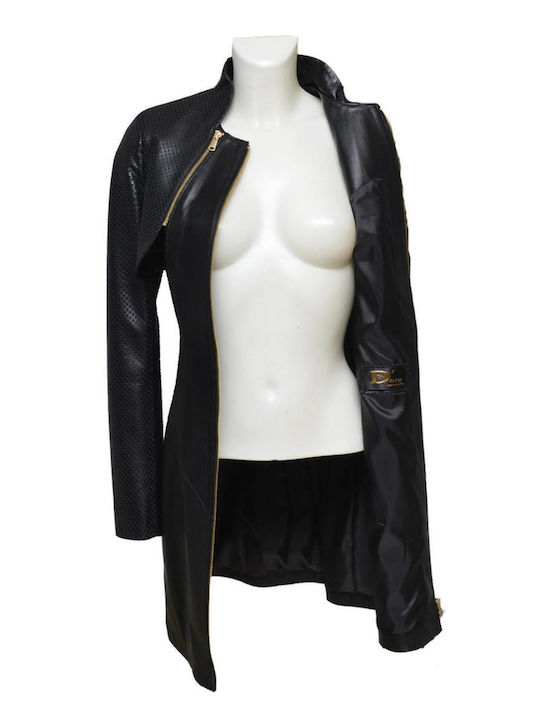 Δερμάτινα 100 Women's Leather Midi Coat with Zipper Black