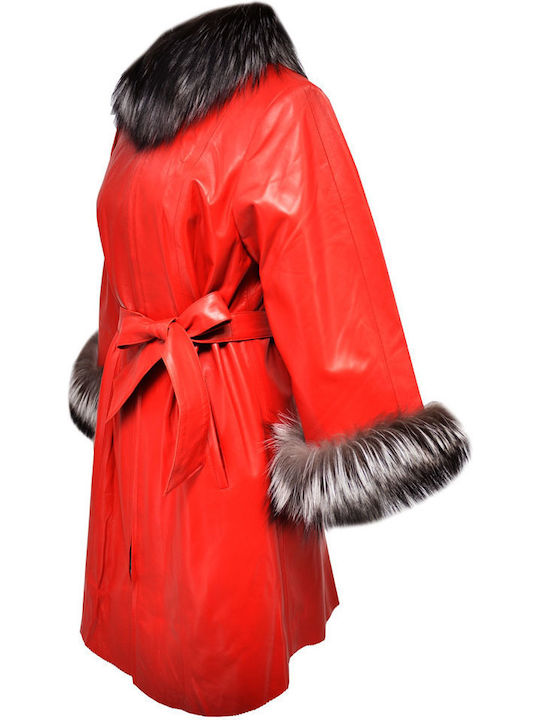 Leather Women's Red Peacoat with Fur Details