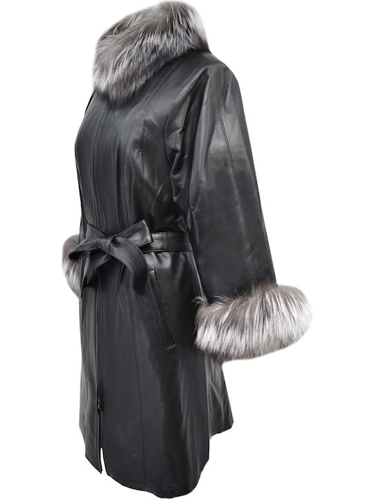 Leather Women's Black Peacoat with Fur Details