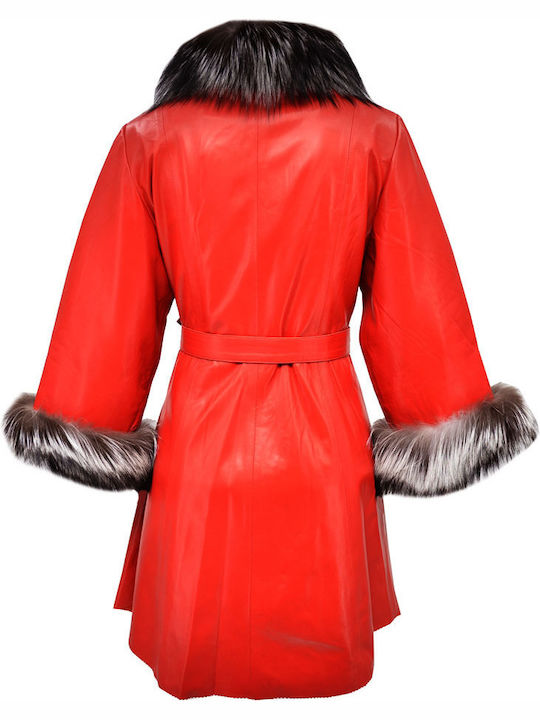 Leather Women's Red Peacoat with Fur Details