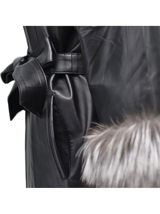 Leather Women's Black Peacoat with Fur Details