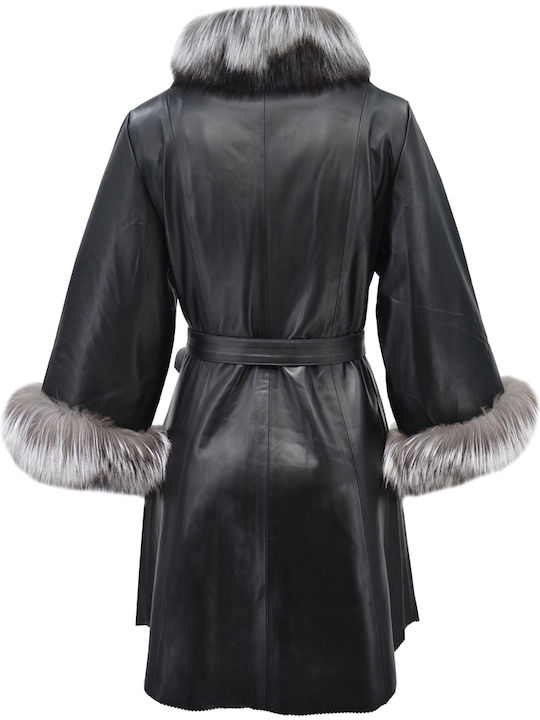 Leather Women's Black Peacoat with Fur Details
