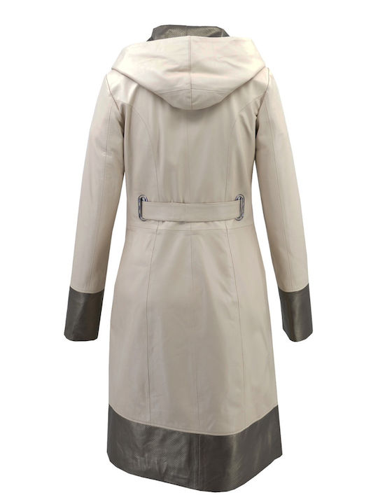 Leather Women's Beige Peacoat with Hood