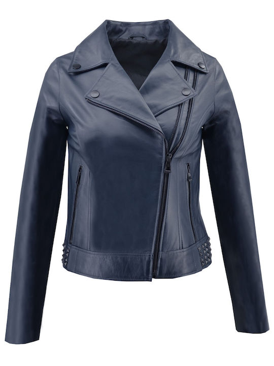 Δερμάτινα 100 Women's Short Biker Leather Jacket for Winter Blue