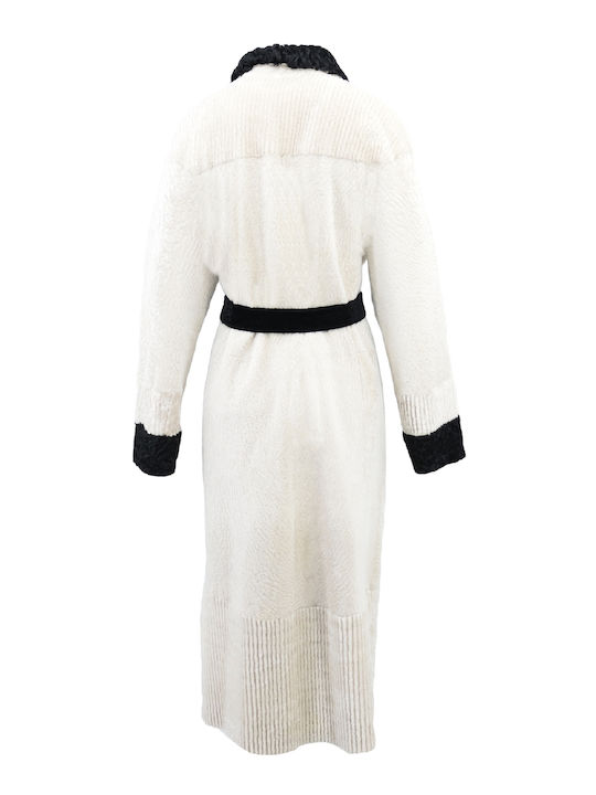 Δερμάτινα 100 Women's Mouton Midi Coat with Belt Beige