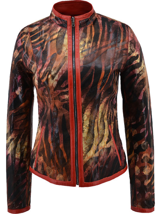 Δερμάτινα 100 Women's Short Biker Leather Jacket for Spring or Autumn Red