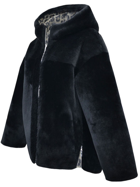 Women's Short Lifestyle Jacket Double Sided for Winter with Hood Black