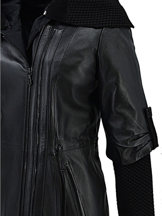 Dermatina 100 Women's Long Lifestyle Leather Jacket for Winter Black