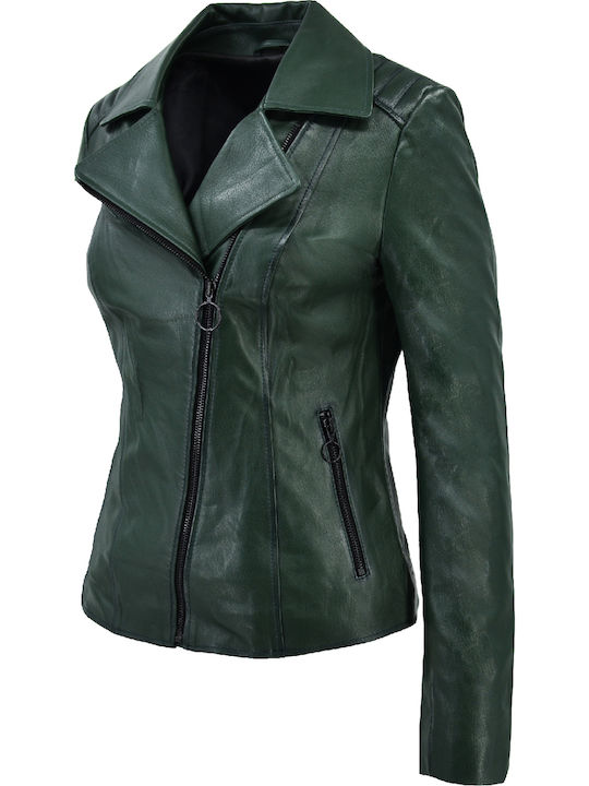 Δερμάτινα 100 Women's Short Biker Leather Jacket for Winter Green