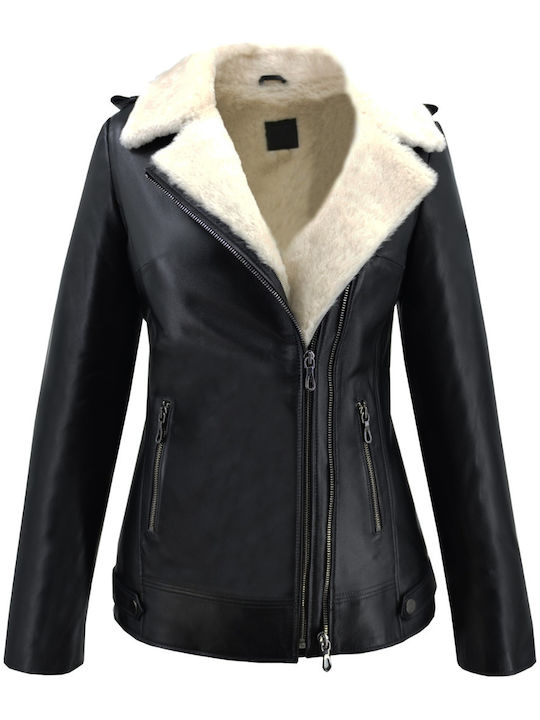 Δερμάτινα 100 Women's Short Biker Leather Jacket for Winter Black