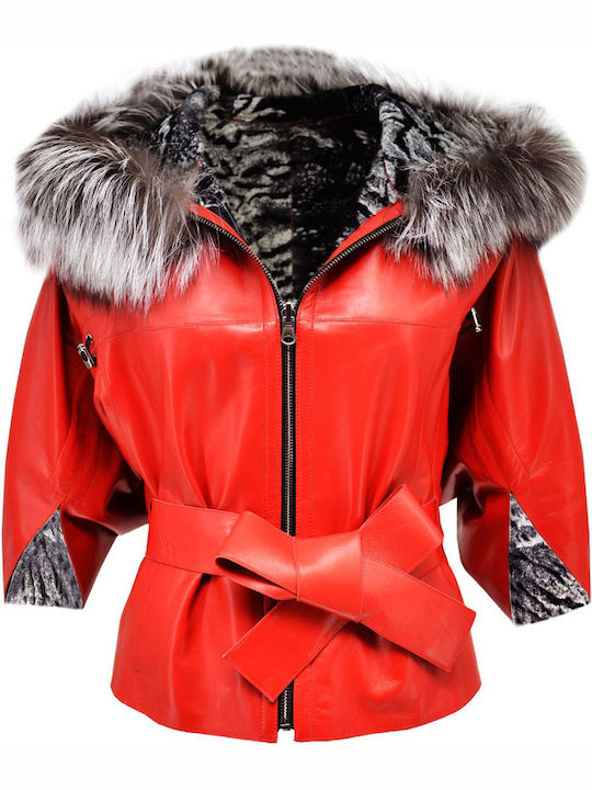 Women's Short Lifestyle Leather Jacket for Winter Red