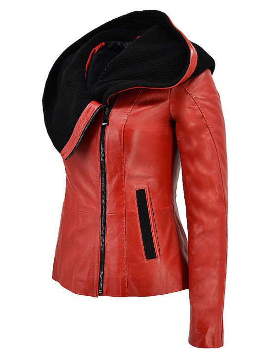 Women's Short Lifestyle Leather Jacket for Spring or Autumn with Hood Red