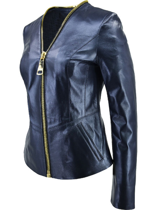 Dermatina 100 Women's Short Lifestyle Leather Jacket for Winter Blue