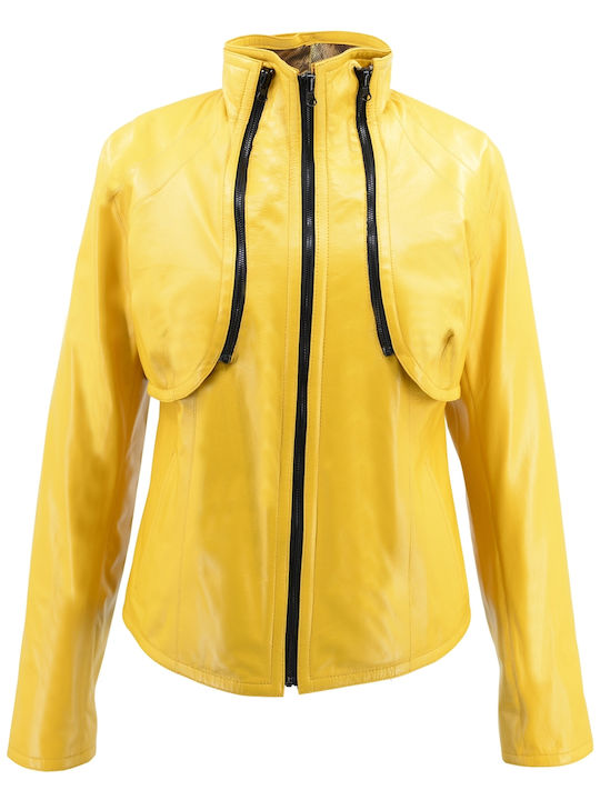 Δερμάτινα 100 Women's Short Biker Leather Jacket Double Sided for Winter Yellow