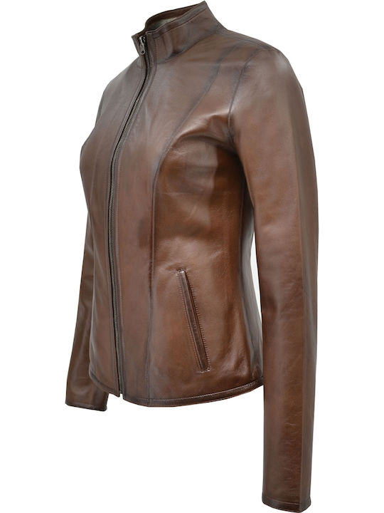 Δερμάτινο Γυναικείο Biker Jacket Καφέ