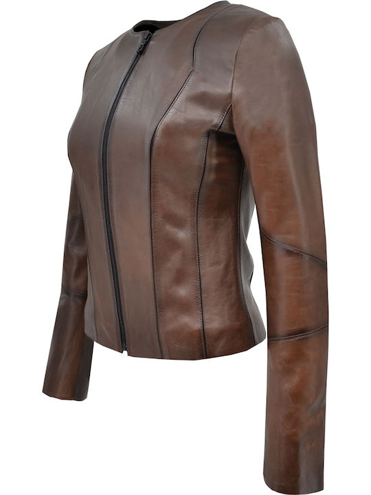 Δερμάτινα 100 Women's Short Lifestyle Leather Jacket for Winter Brown