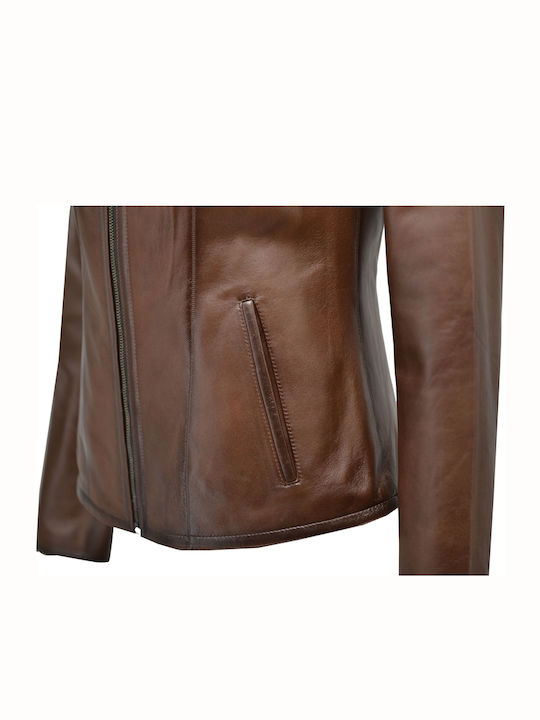 Δερμάτινο Γυναικείο Biker Jacket Καφέ