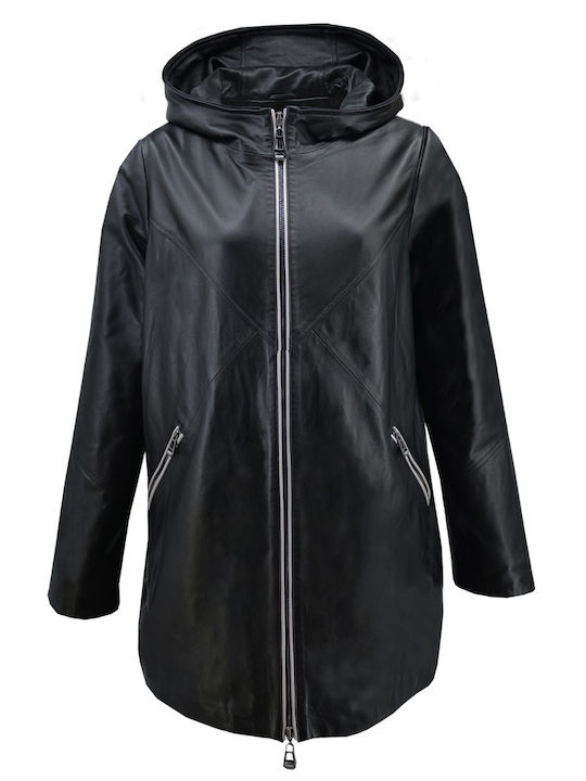 Dermatina 100 Women's Short Lifestyle Leather Jacket for Winter with Hood Black