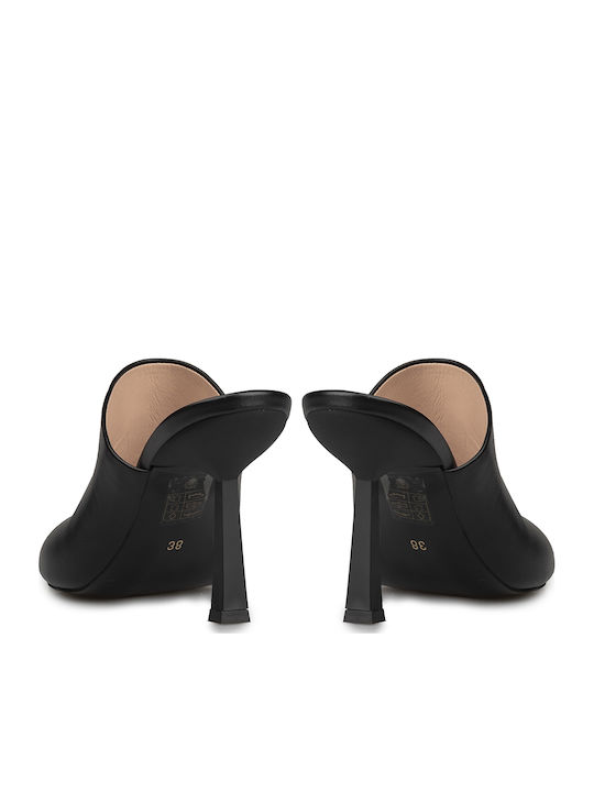 Leather Mules with Thin High Heel in Black Color