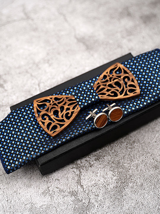 Legend Accessories Wooden Bow Tie Set with Cufflinks and Pochette Navy Blue