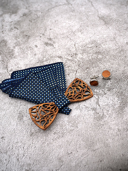Legend Accessories Wooden Bow Tie Set with Cufflinks and Pochette Navy Blue
