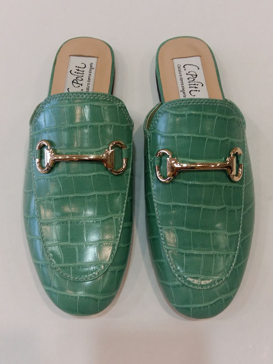 Flat Δερμάτινα Mules σε Πράσινο Χρώμα