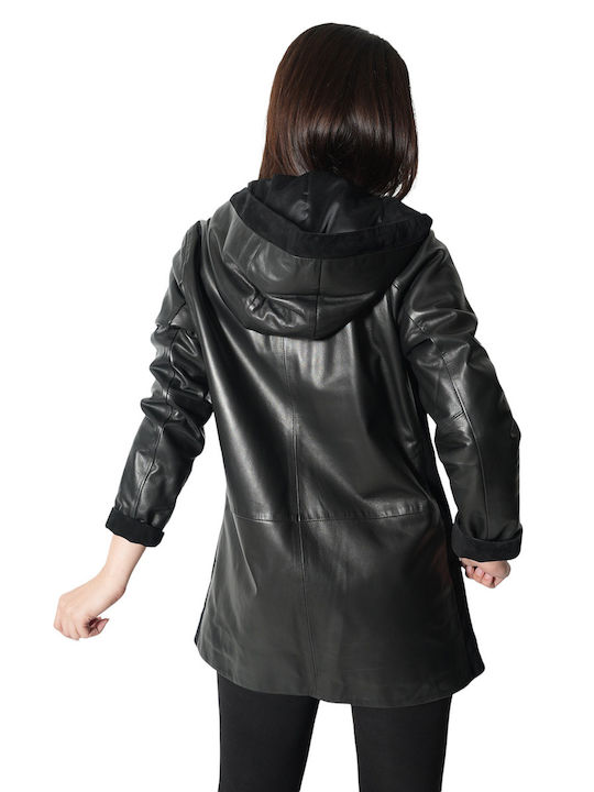 MARKOS LEATHER Women's Long Lifestyle Artificial Leather Jacket for Winter with Hood Black