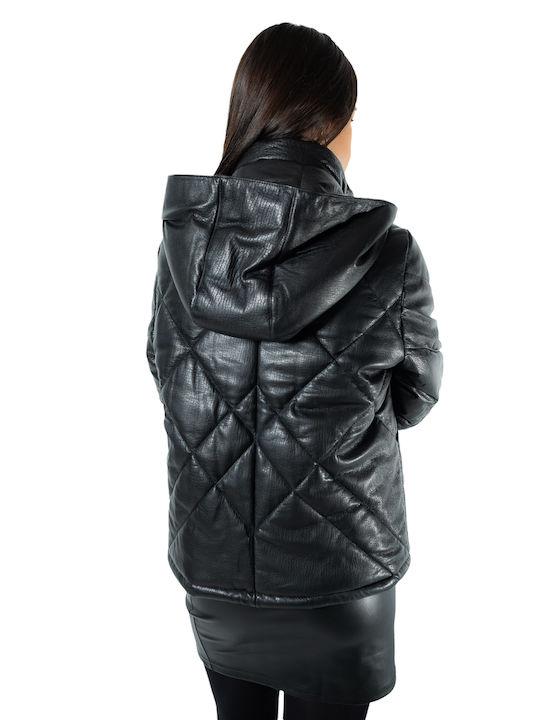 MARKOS LEATHER Women's Short Puffer Leather Jacket for Winter with Detachable Hood Black