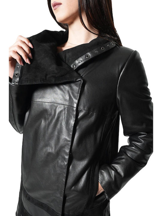 Women's Long Lifestyle Artificial Leather Jacket for Winter Black