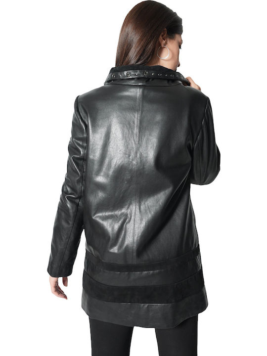 Women's Long Lifestyle Artificial Leather Jacket for Winter Black