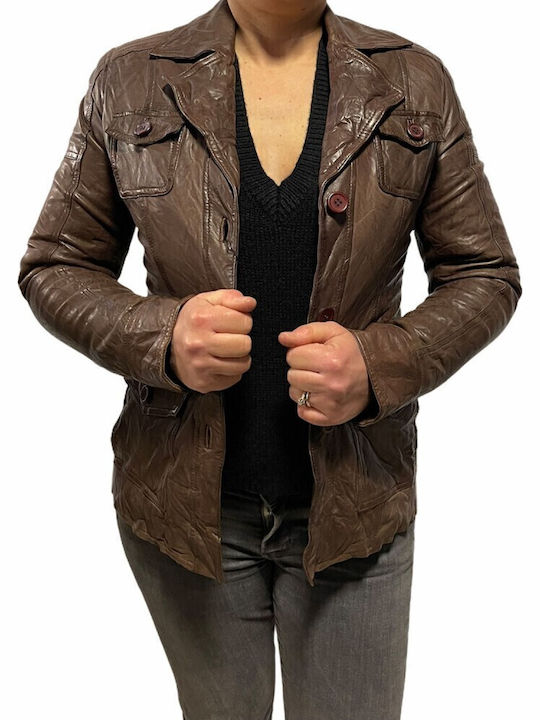 MARKOS LEATHER Women's Leather Waisted Blazer Brown