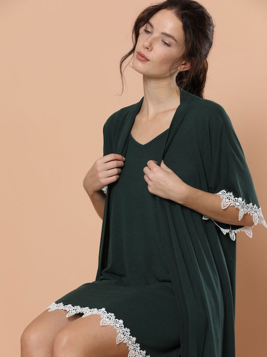 Siyah Inci Summer Women's Robe with Nightdress Green