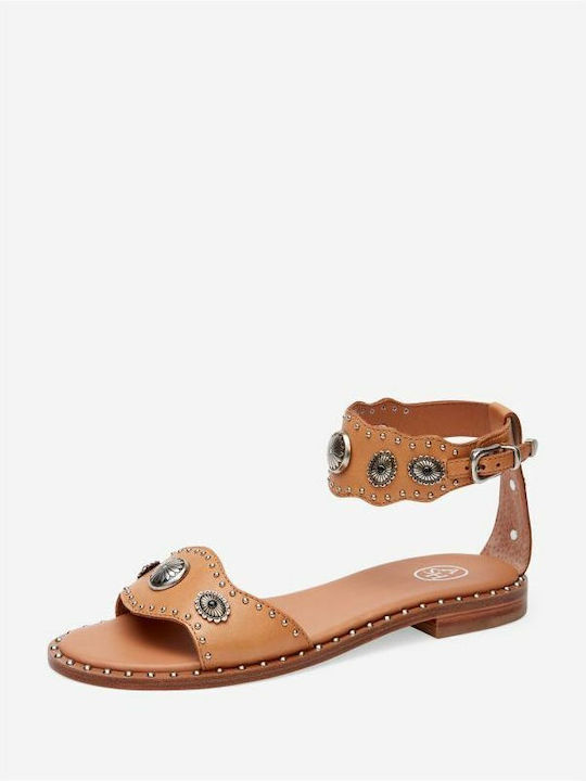 Ash Leather Women's Flat Sandals with Strap Flatforms in Tabac Brown Color