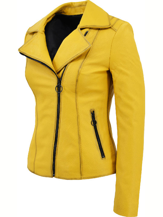 Δερμάτινα 100 Women's Short Biker Leather Jacket for Winter Yellow