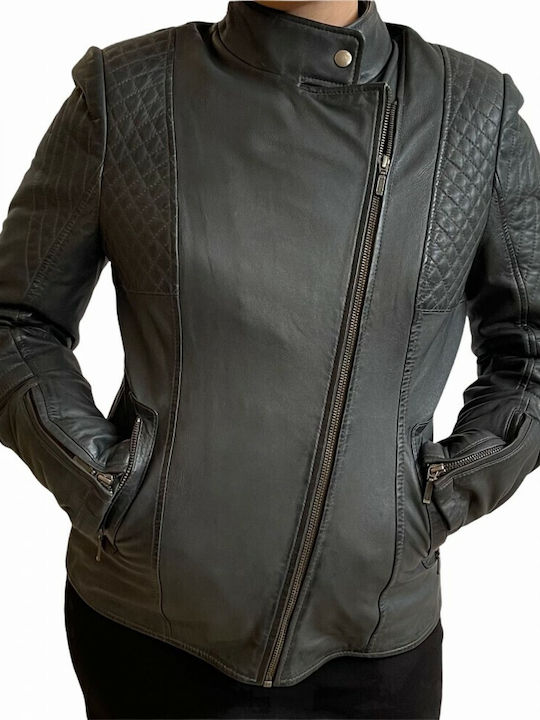 MARKOS LEATHER Women's Short Biker Artificial Leather Jacket for Winter Gray