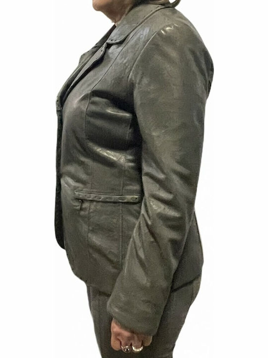 MARKOS LEATHER Γυναικείο Δερμάτινο Μεσάτο Σακάκι Γκρι