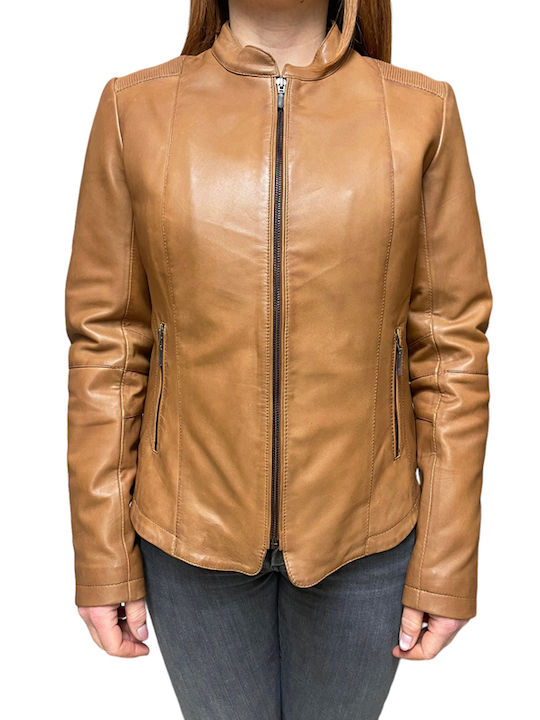 MARKOS LEATHER Women's Short Biker Leather Jacket for Winter COGNAC-NEW