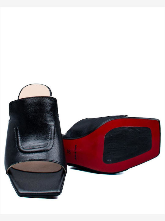 Leather Mules with Chunky High Heel in Black Color